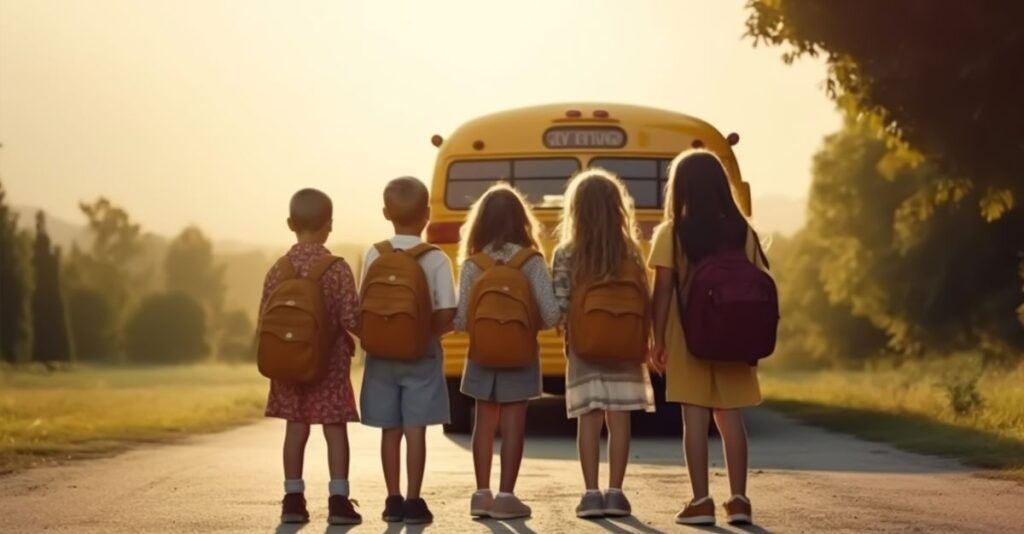 Niños estudiantes viendo como se aleja el camión