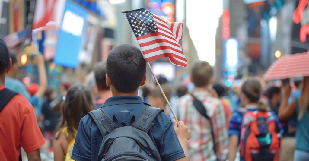 Niños caminando de espaldas con bandera de Estados Unidos