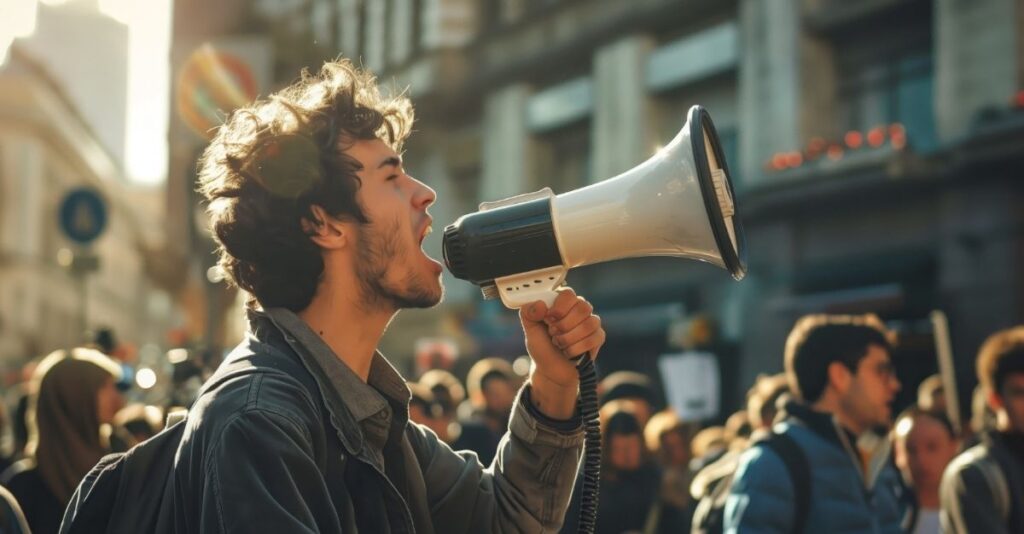 Joven con megáfono protesta