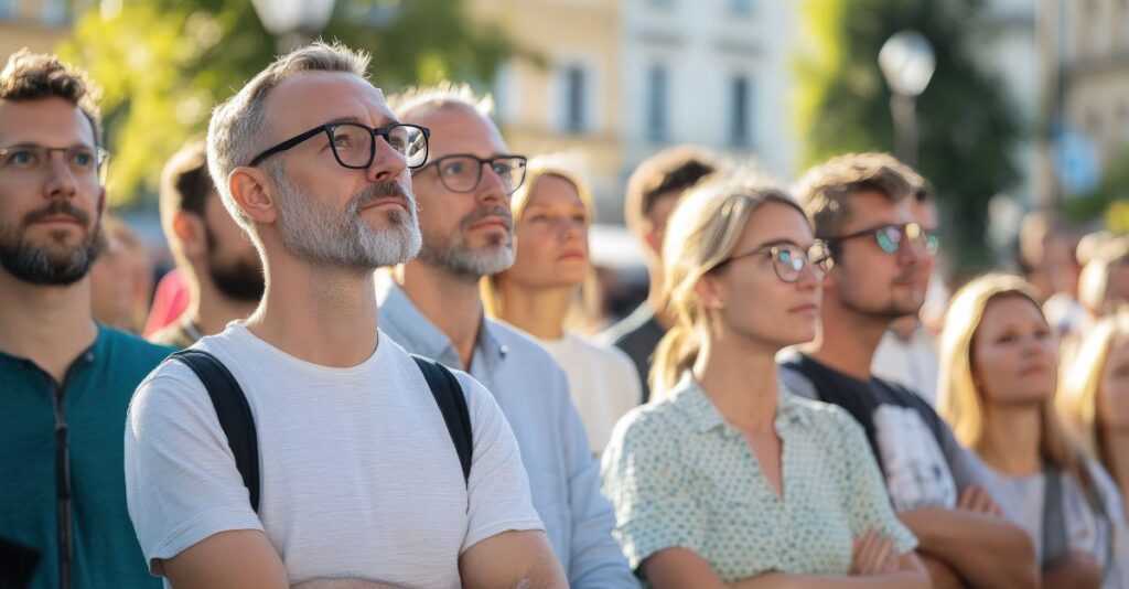 Población blanca escuchando discurso