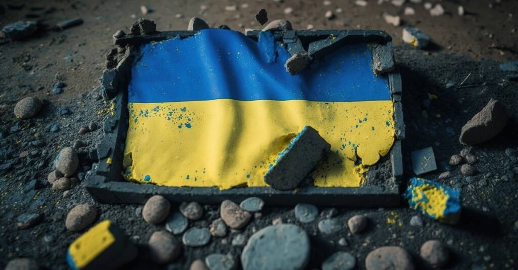 Bandera de Ucrania en edificio destruido